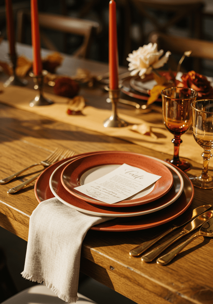 Close-up of burnt orange ceramic charger plate layered with cream dinner plate and gold-rimmed glassware on rustic wooden wedding table