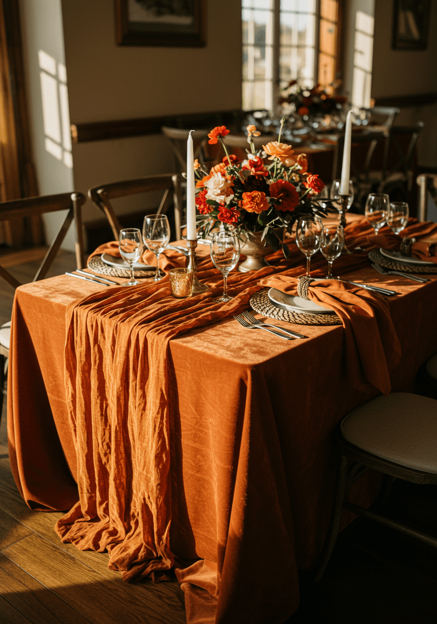 Wedding reception table featuring layered burnt orange textured linens including velvet runner, burlap placemats, and woven charger plates