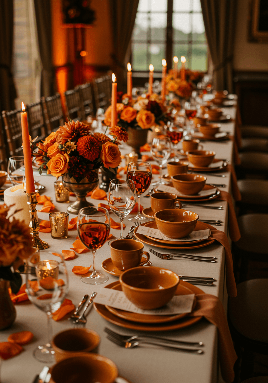 Long wedding reception table with multiple burnt orange dinnerware place settings, autumn floral centerpieces, and gold-rimmed glassware during golden hour