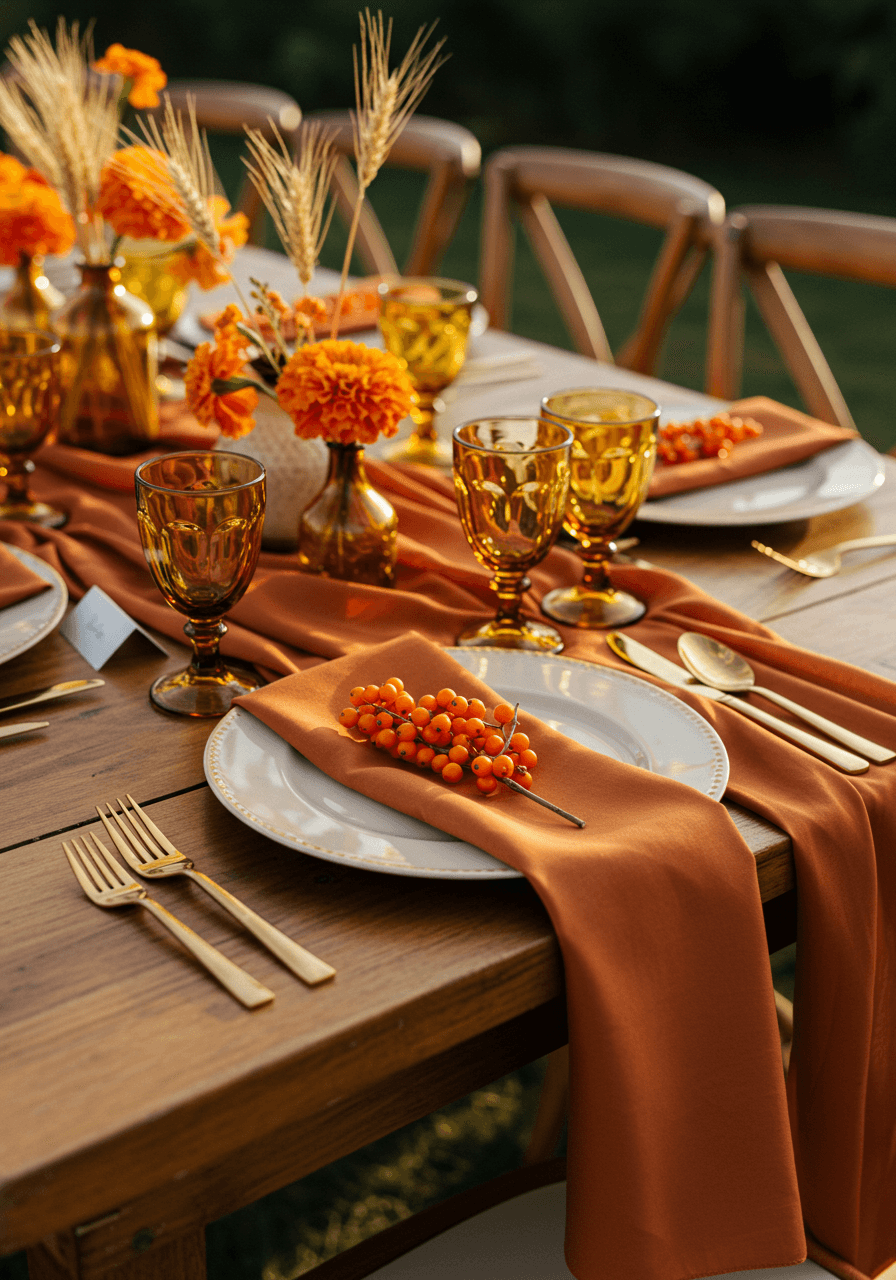 Elegant harvest table place setting with burnt orange silk runner, gold-rimmed charger plates, and napkin adorned with orange bittersweet berries