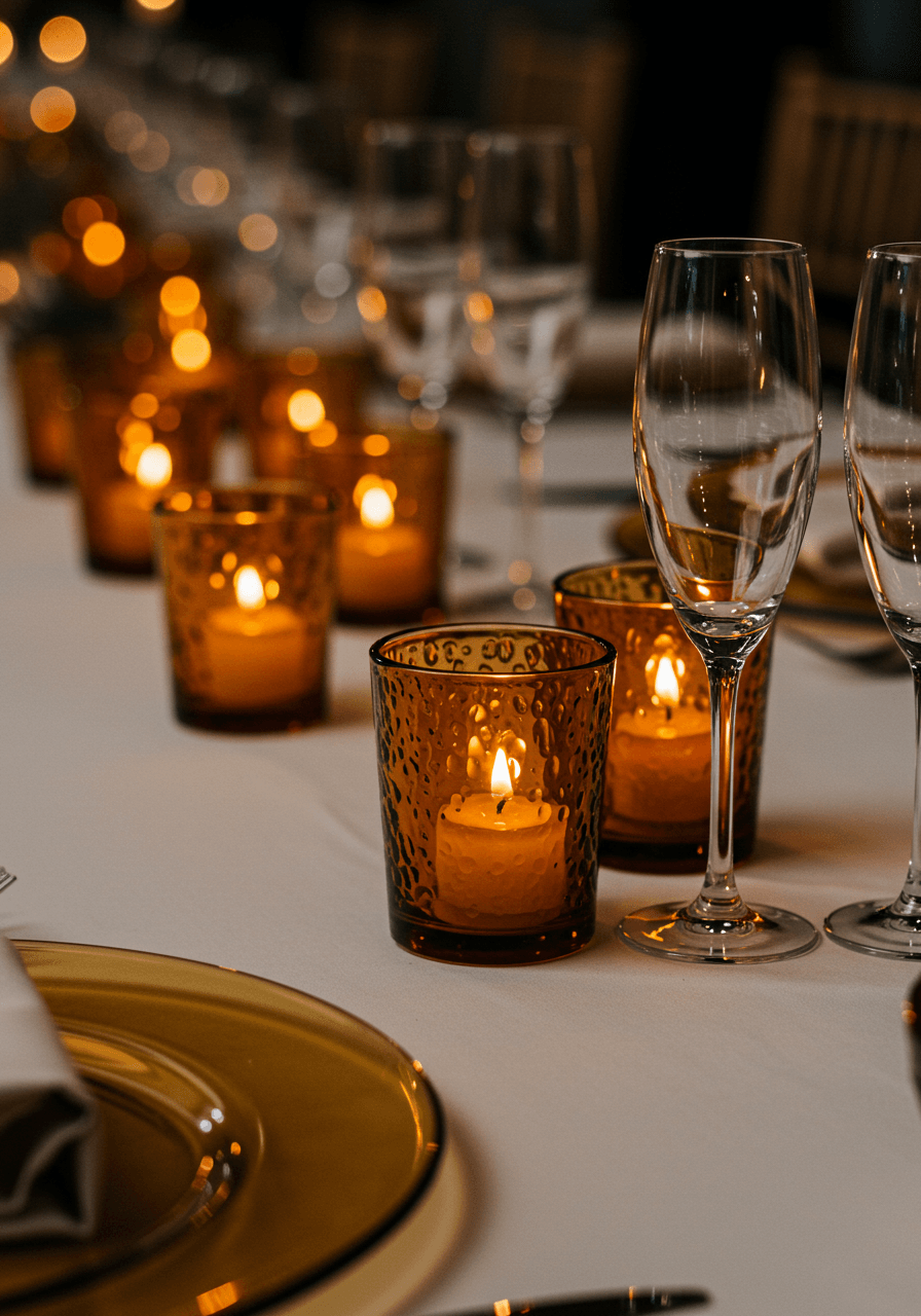 Close-up of burnt orange glass votive candles and crystal champagne flutes on white linen with amber glass charger plates in evening light
