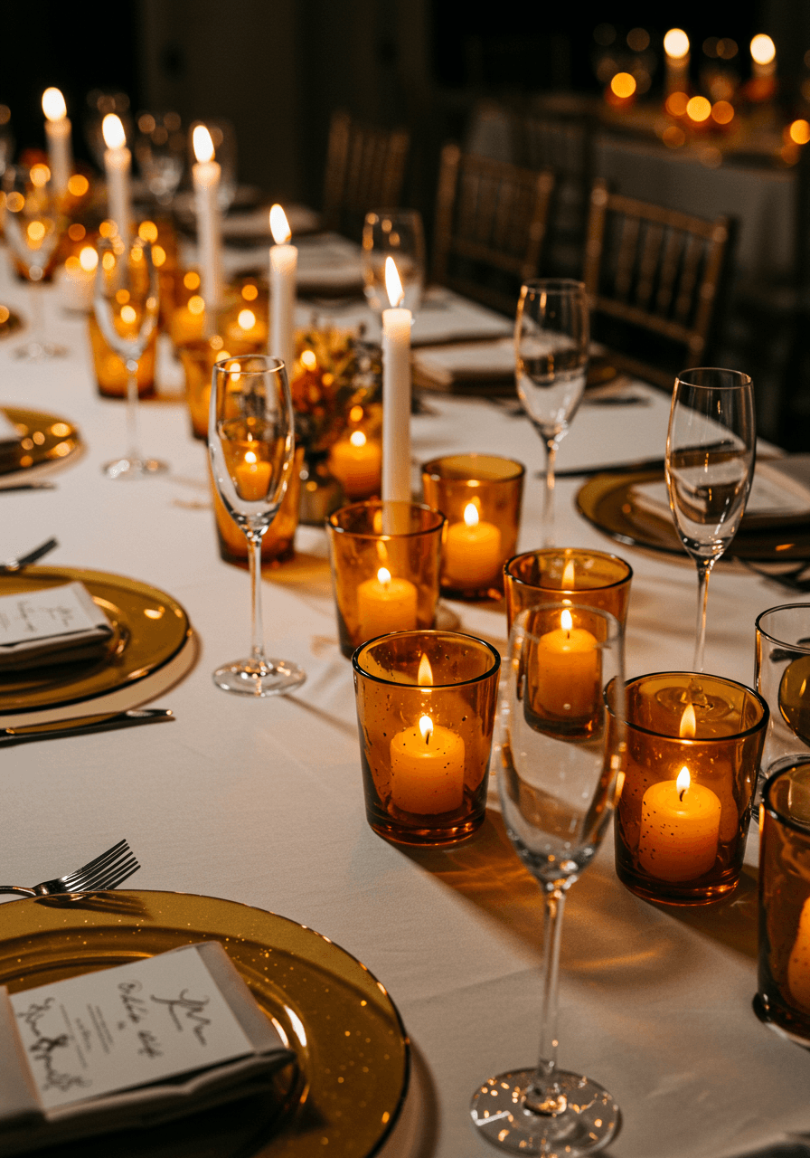 Wide-angle view of glassware arrangement featuring burnt orange votives and crystal stemware with candlelight reflections on white tablecloth