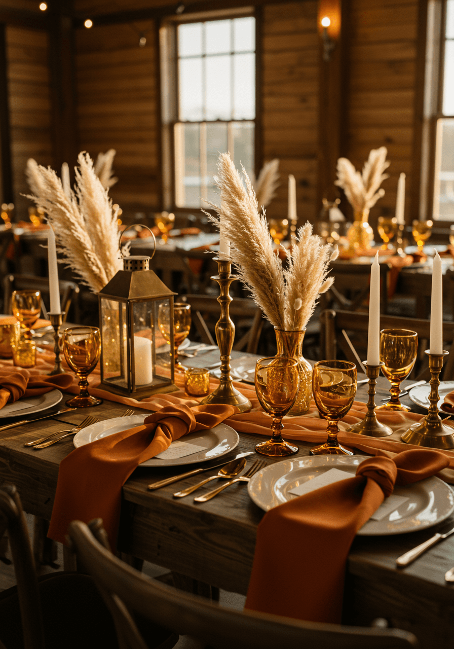 Upscale wedding tablescape featuring vintage brass candlesticks, charger plates, and burnt orange silk runner with pampas grass centerpieces