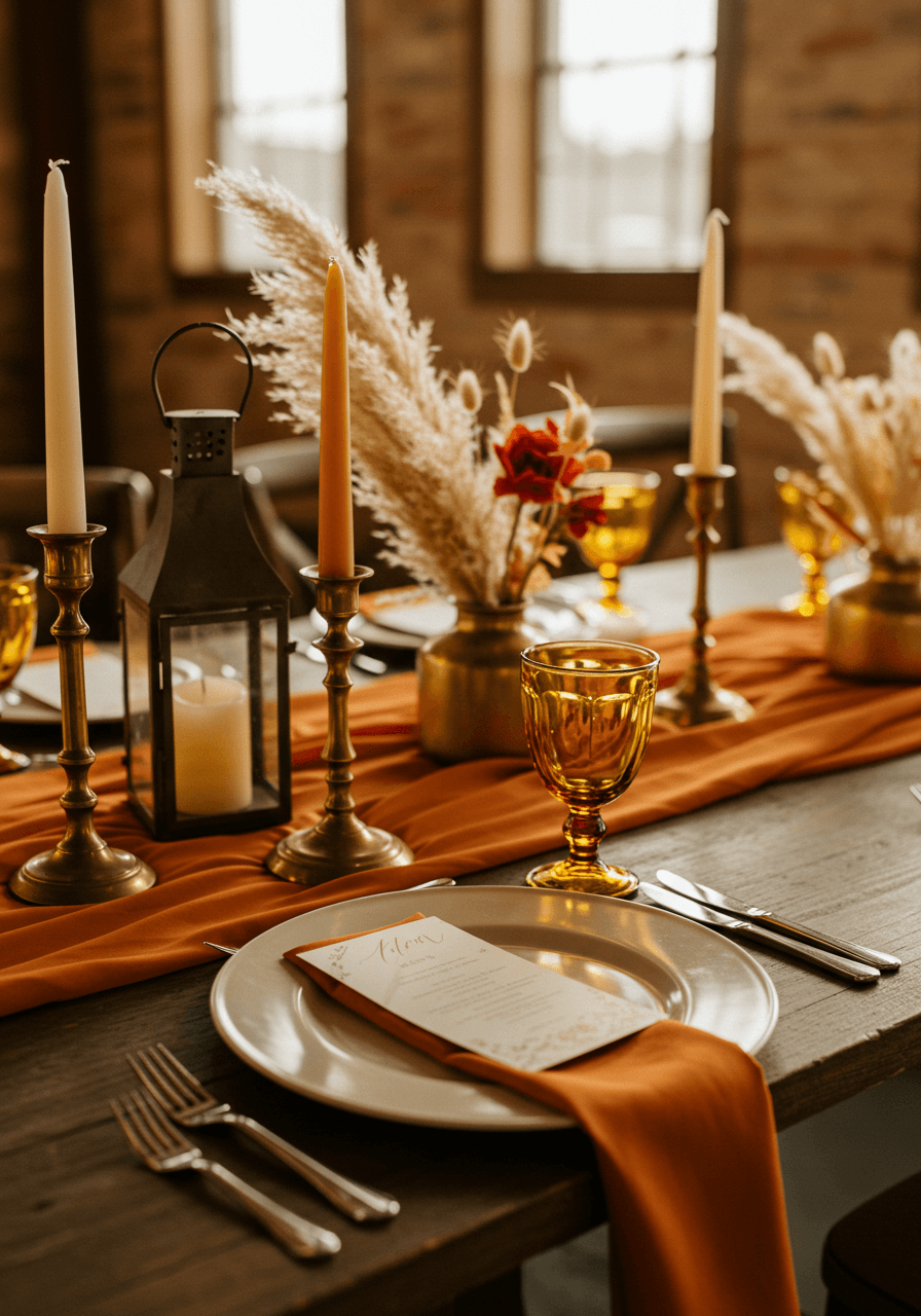Macro detail shot of vintage brass flatware and lanterns on burnt orange table runner with cream dinnerware and amber glassware