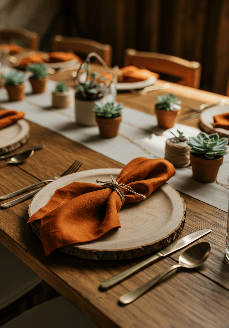 Close-up of elegant wedding place setting with burnt orange silk napkin tied with twine and succulent favour on live-edge wooden table
