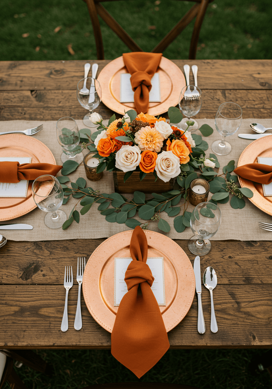 Overhead view of rustic wooden wedding table featuring burnt orange linens, eucalyptus garland, and copper accents in outdoor garden setting