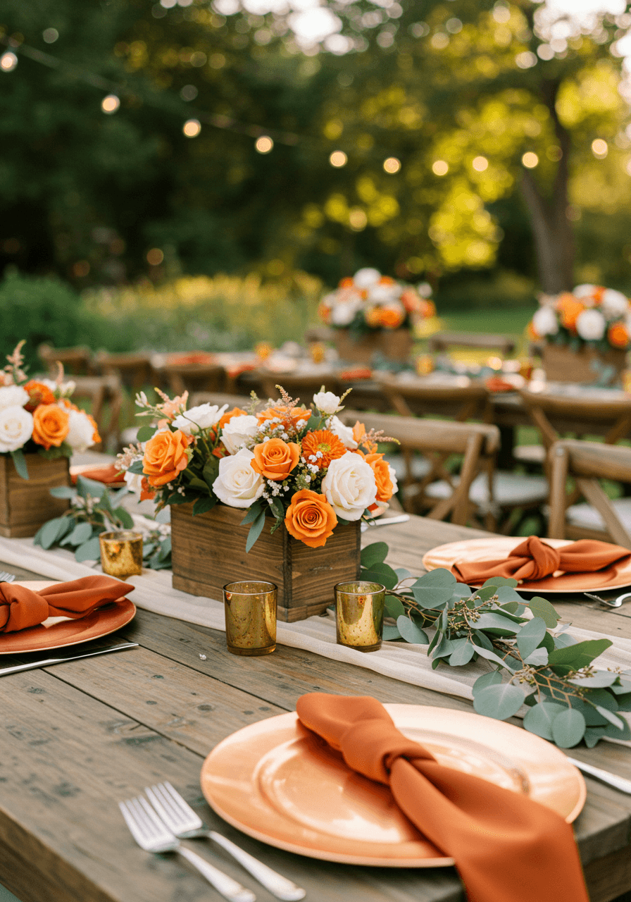 Rustic wedding table setting with burnt orange napkins and wooden centerpiece boxes filled with autumn florals on farm table during golden hour