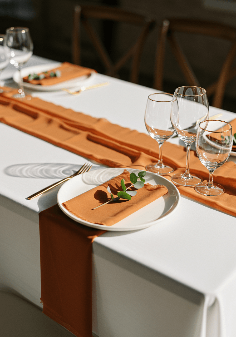 Overhead view of minimalist wedding table with single burnt orange silk ribbon running down centre flanked by white ceramic plates and gold-rimmed glassware
