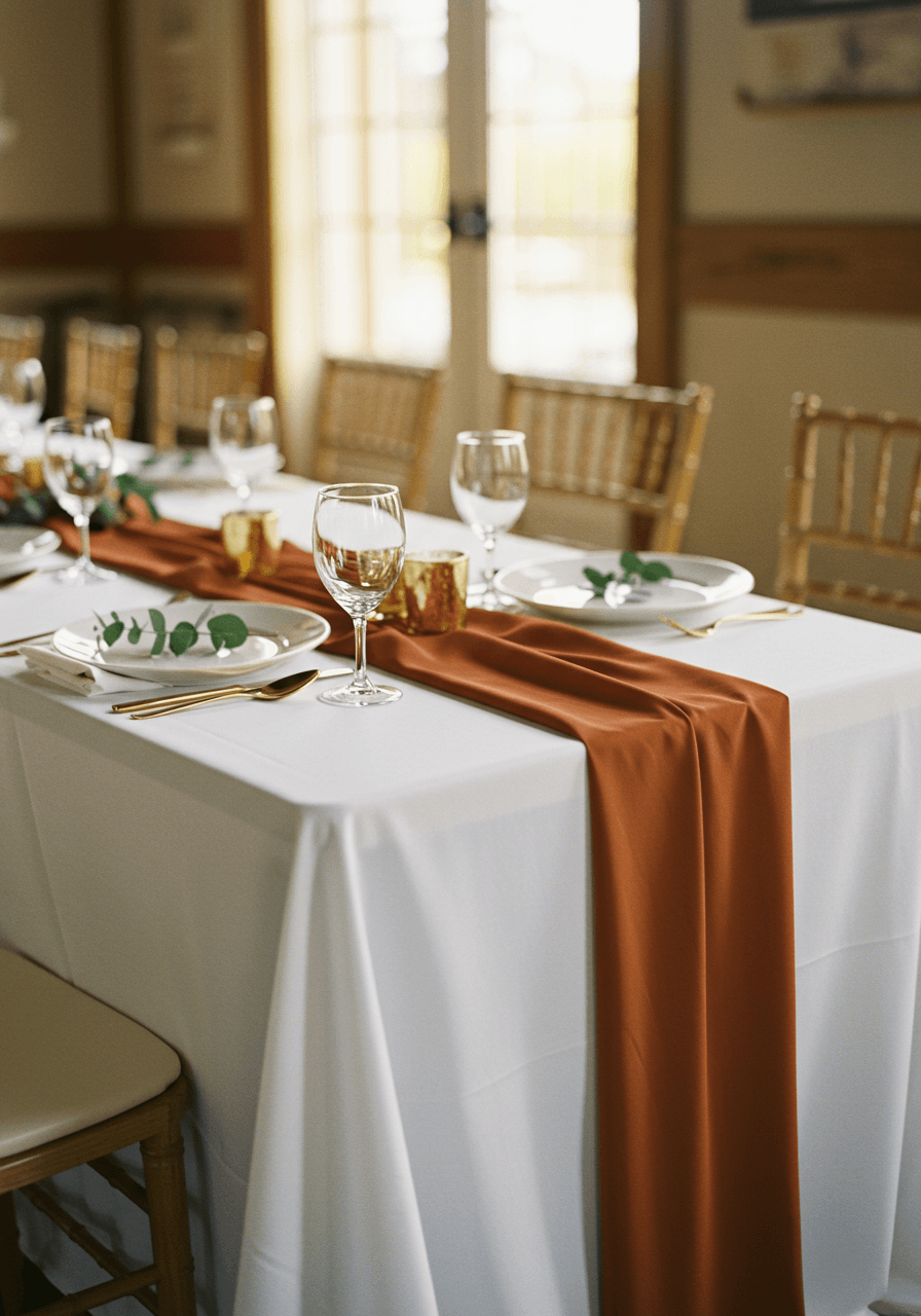 Side view of clean white tablecloth with lustrous burnt orange silk ribbon centerpiece and single eucalyptus sprig accent