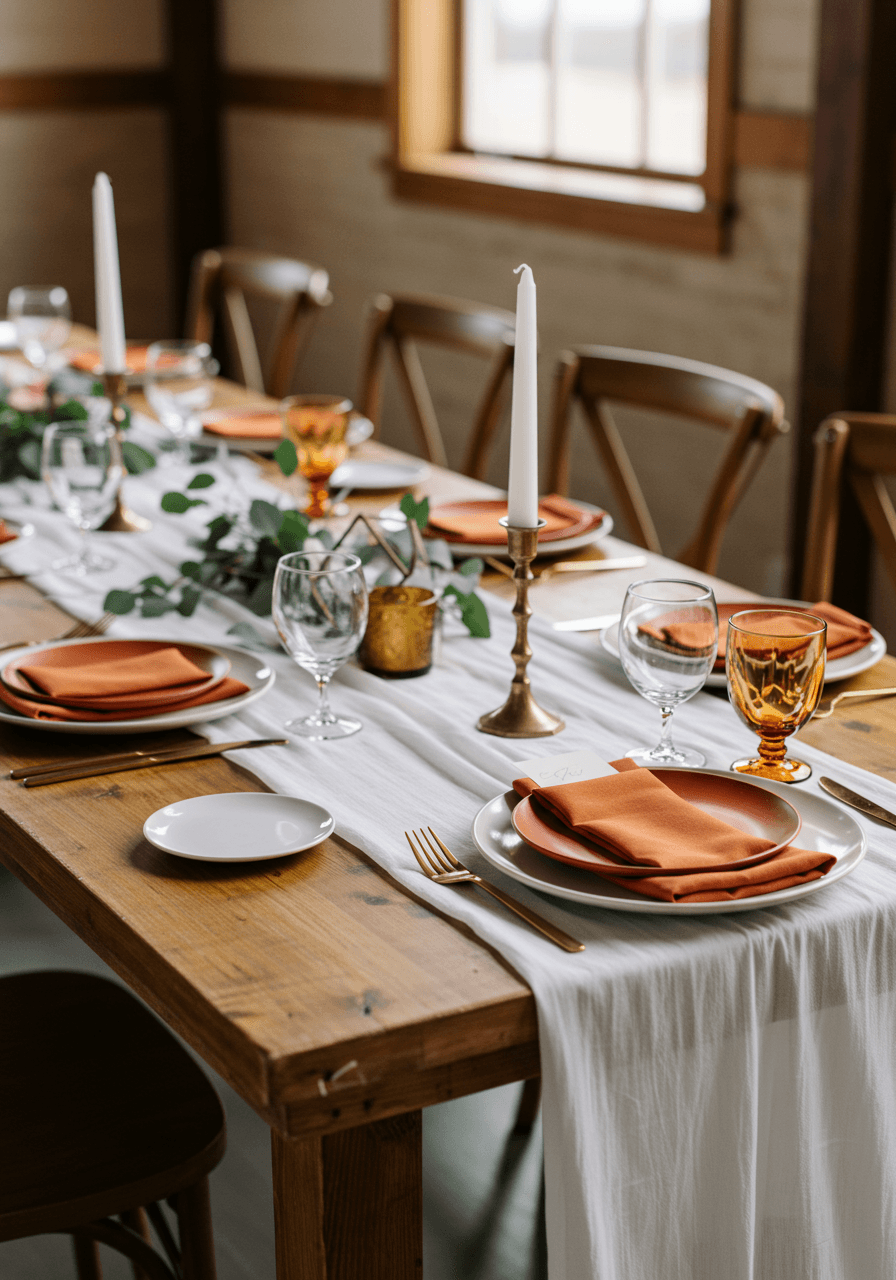Detail of minimalist table setting with burnt orange ceramic charger, white dinner plate, and single eucalyptus sprig on crisp white runner