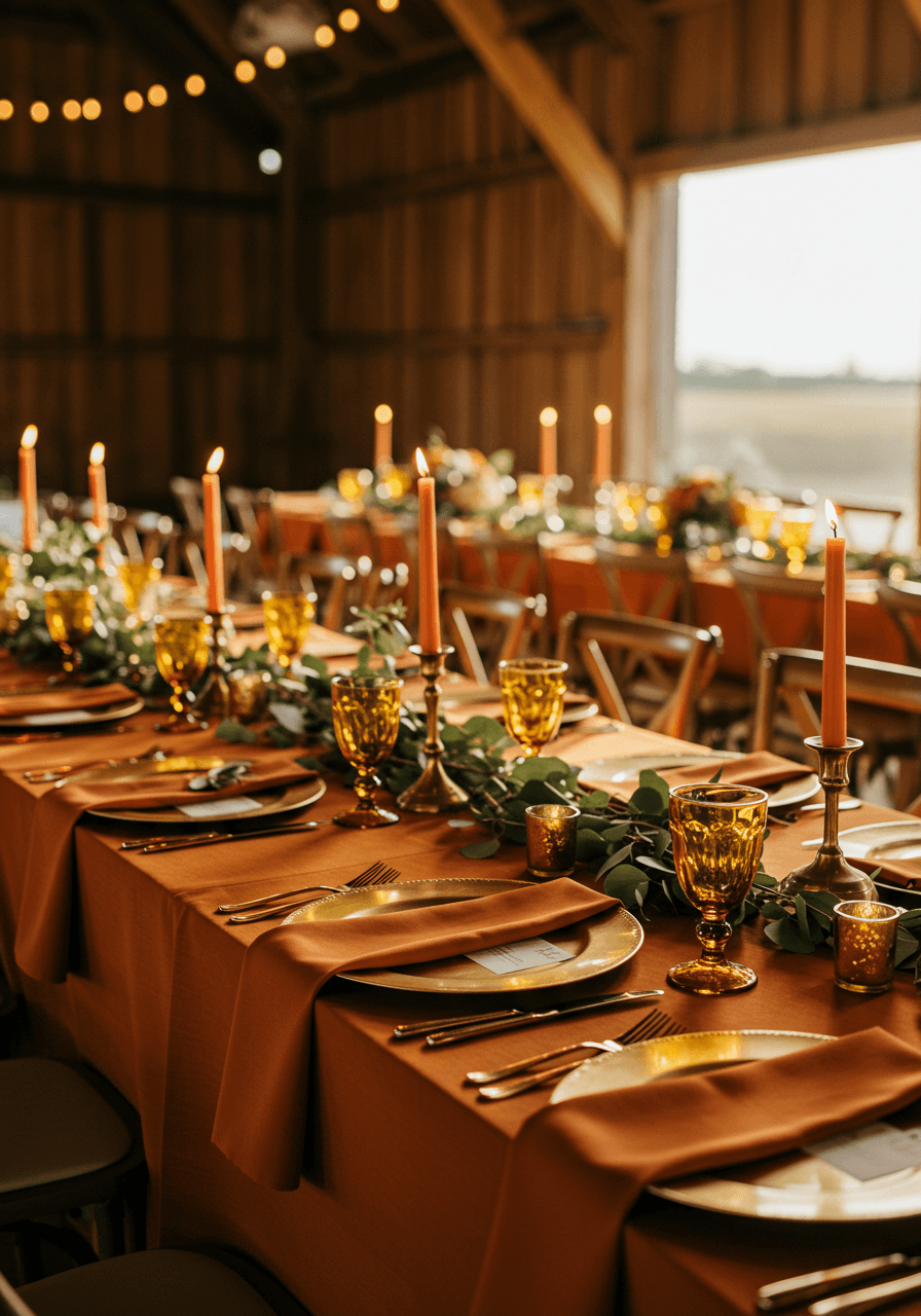 Elegant wedding tablescape with burnt orange linens and metallic gold charger plates on long dining table in rustic barn during golden hour
