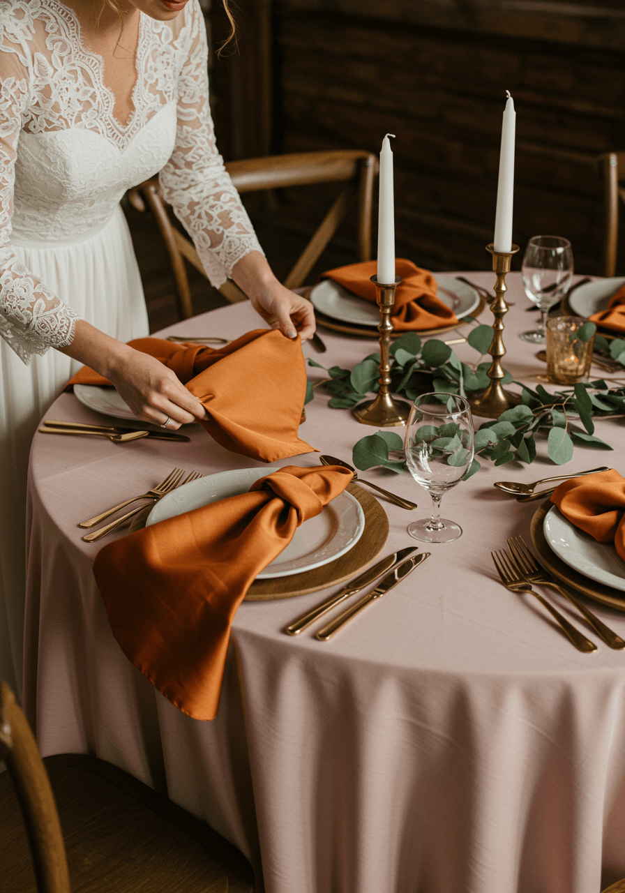 Close-up of bride's lace sleeve adjusting burnt orange napkins layered with blush pink table linens and brass candlesticks