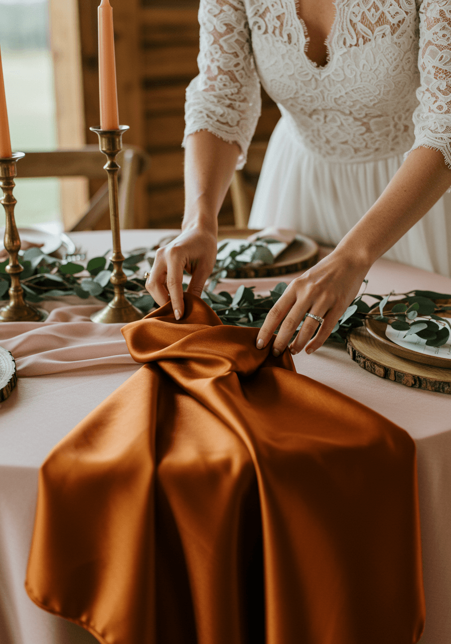 Bride's hands smoothing burnt orange silk napkins on round reception table with blush pink linens in rustic barn venue
