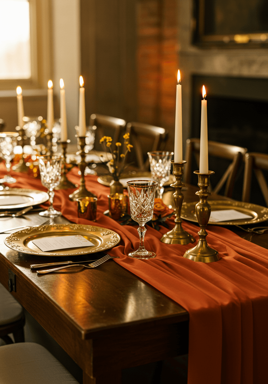 Vintage brass charger plates and candlesticks with burnt orange silk table runners on elegant mahogany dining table during golden hour