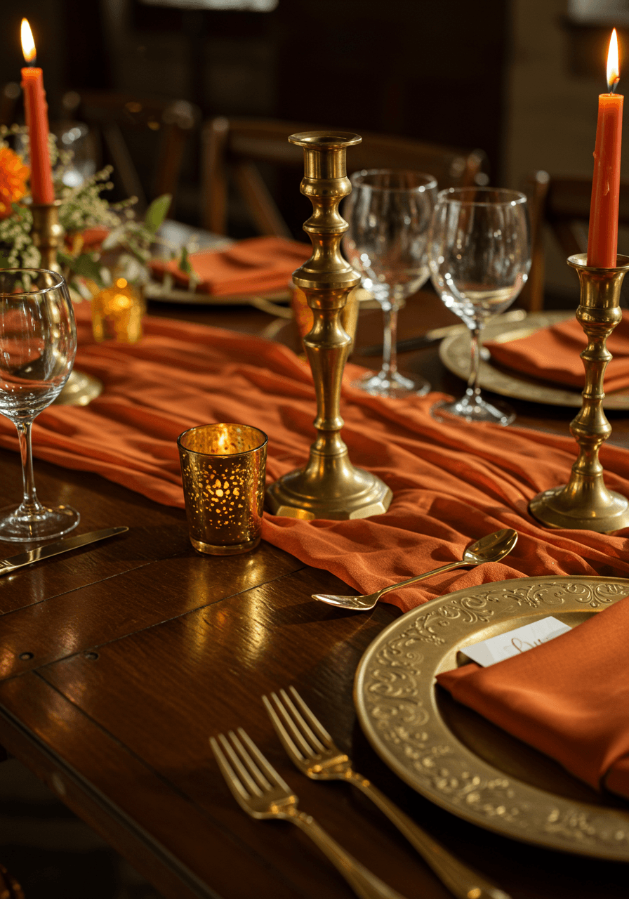 Close-up macro detail of antique brass charger plate with aged patina finish and burnt orange silk fabric on polished dark wood