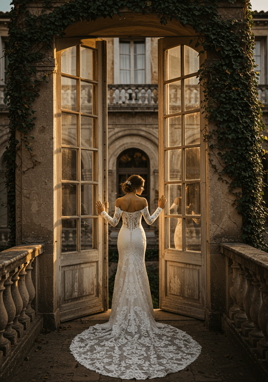 Wide view of bride in venetian lace pencil sheath wedding dress in ornate palazzo courtyard with weathered stone and climbing ivy