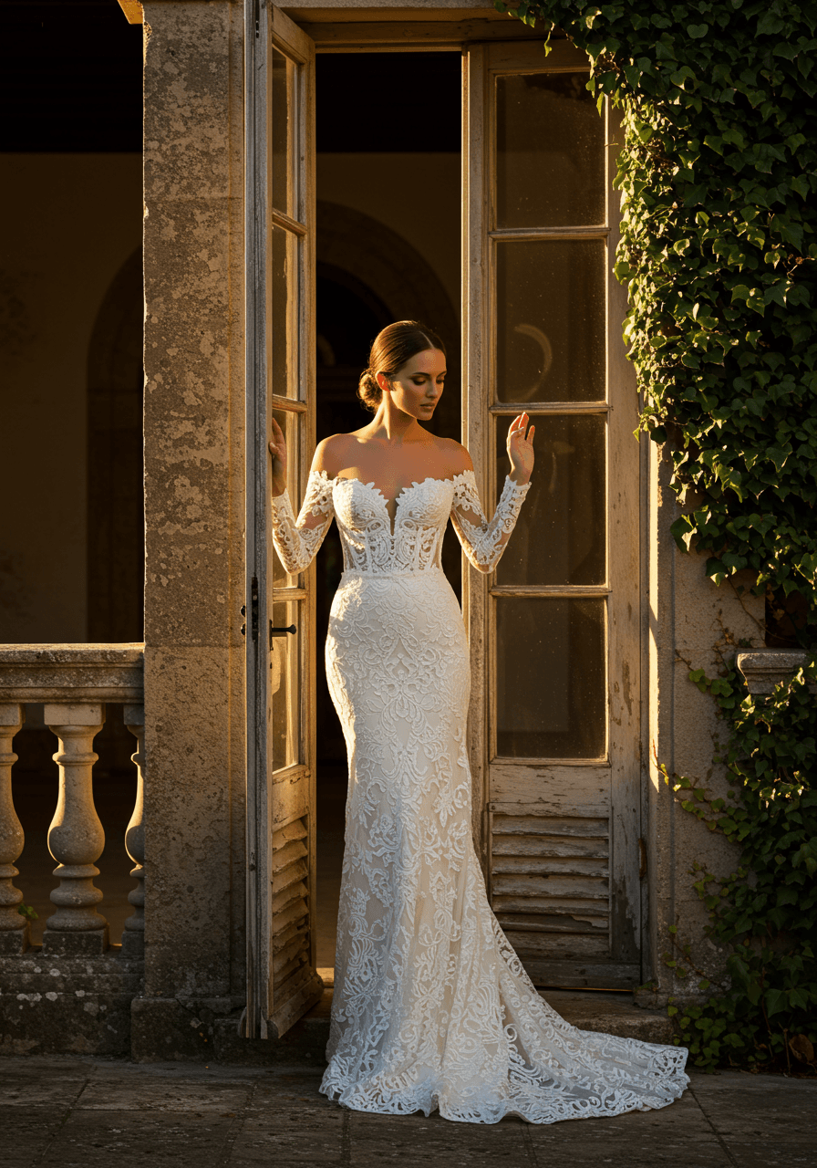 Bride in off-shoulder guipure lace wedding dress with corset bodice posing beside vintage French doors in palazzo courtyard at sunset