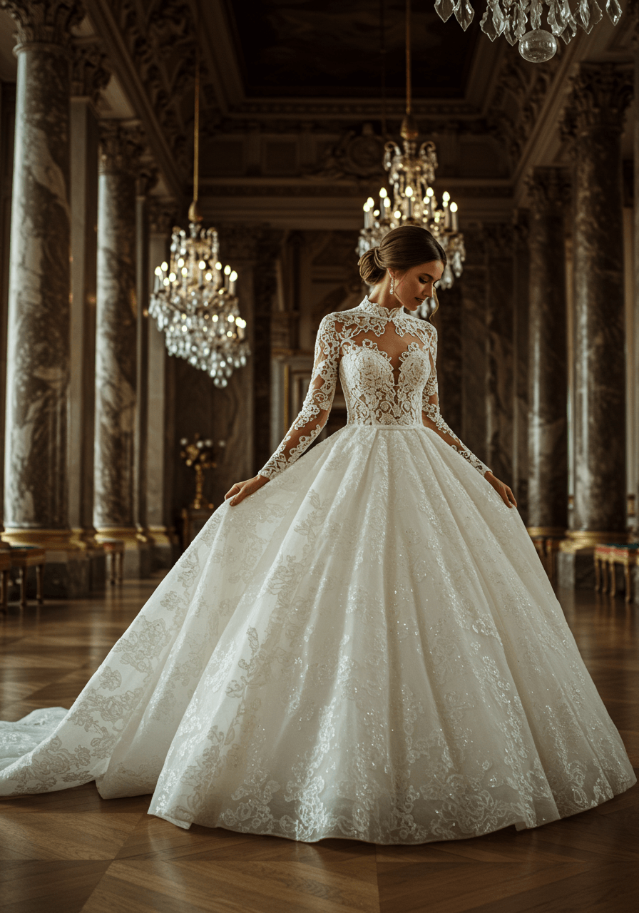 Bride in voluminous guipure lace ball gown with high mock-neck and cathedral train in opulent palace ballroom during golden hour