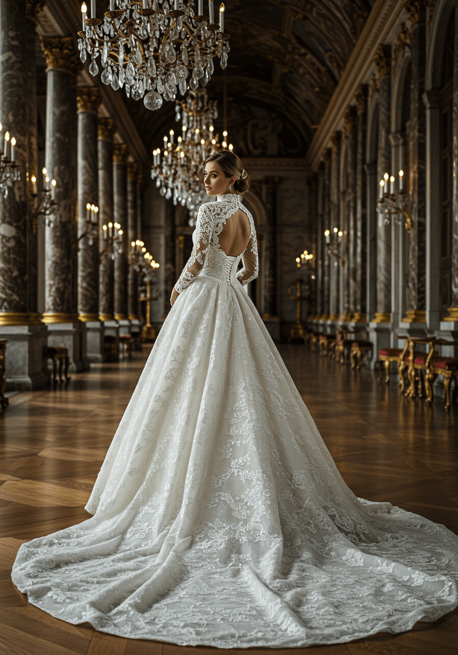 Sharp focus on intricate guipure lace texture and fitted bodice of ball gown wedding dress in palace ballroom with crystal chandeliers