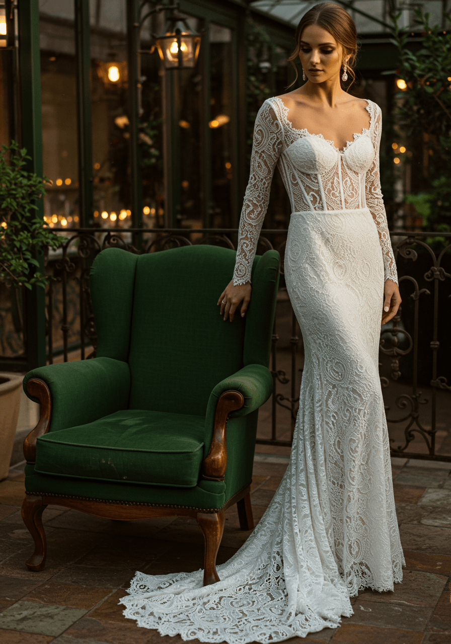 Bride in structured guipure lace wedding dress with sheer sleeves and corset bodice beside vintage velvet armchair in European conservatory