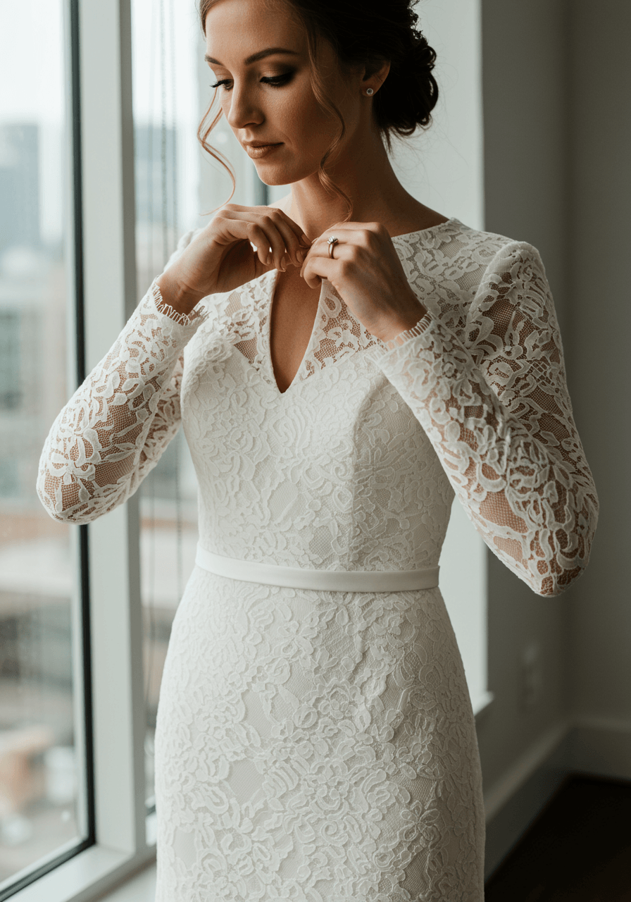 Close-up of bride adjusting keyhole neckline on guipure lace sheath wedding dress in contemporary loft with floor-to-ceiling windows