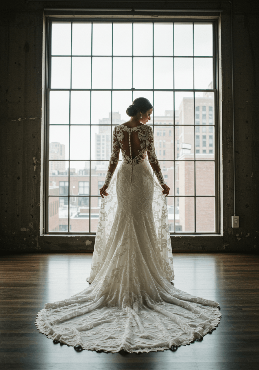 Wide shot of bride in fitted venetian lace wedding dress silhouetted against floor-to-ceiling loft windows during morning light