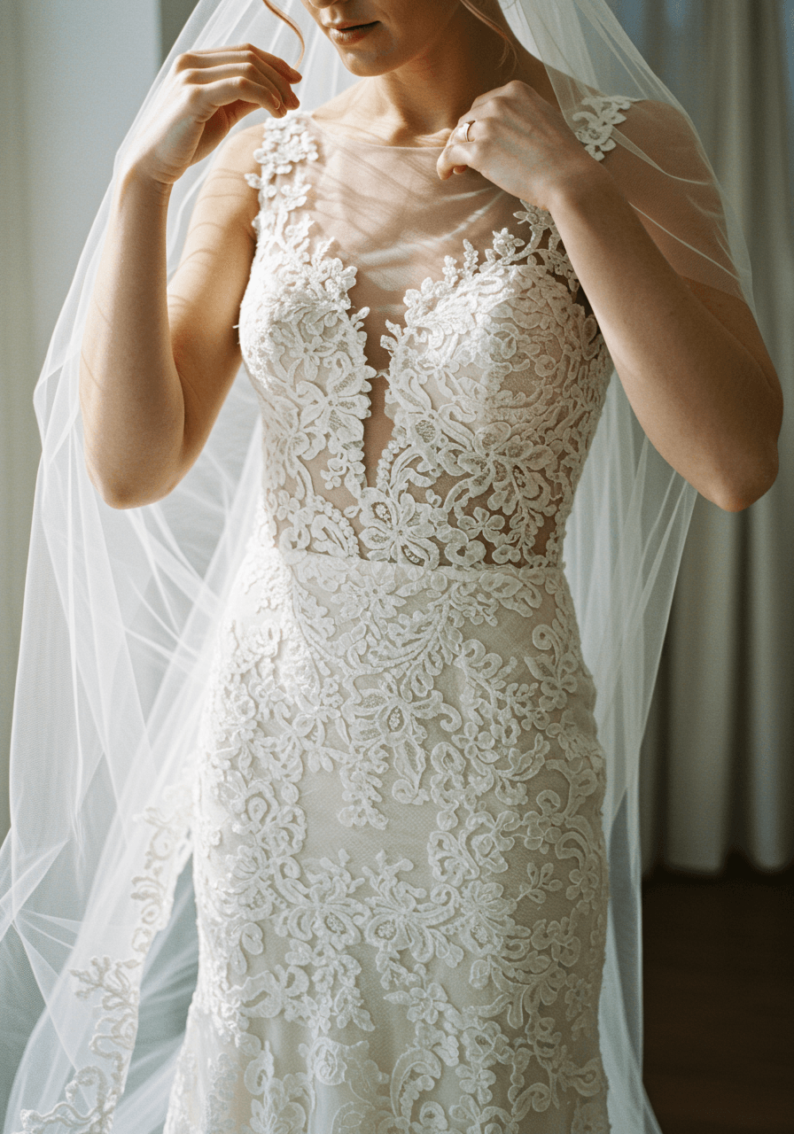 Bride adjusting cathedral veil wearing guipure lace wedding dress with illusion neckline in elegant boutique setting