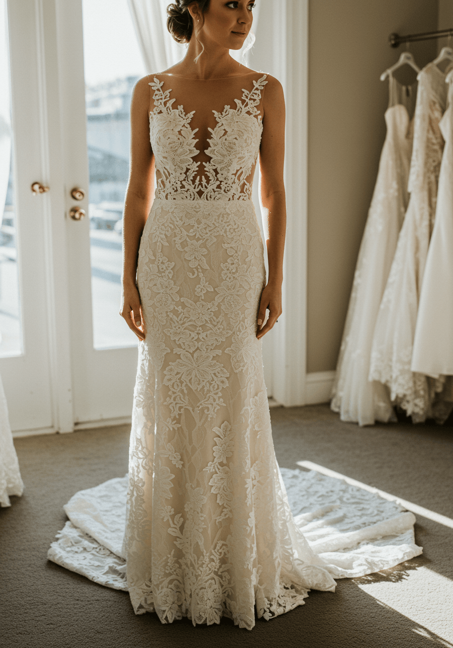 Bride in fitted column guipure lace wedding dress with sheer illusion bodice and intricate lace texture in sunlit bridal boutique