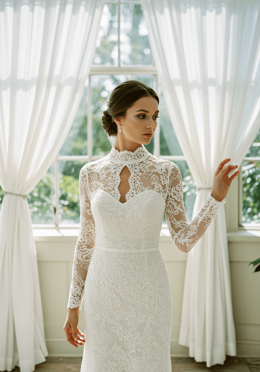 Bride in fitted column guipure lace wedding dress with high mock-neck collar and keyhole cutout standing in sunlit garden conservatory