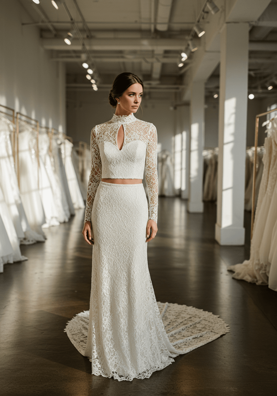 Bride in two-piece guipure lace wedding dress with high mock-neck collar and fitted column skirt in modern minimalist bridal boutique