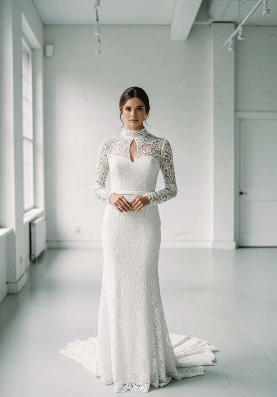 Bride in fitted guipure lace sheath wedding dress with high mock-neck collar and keyhole cutout in modern minimalist white studio
