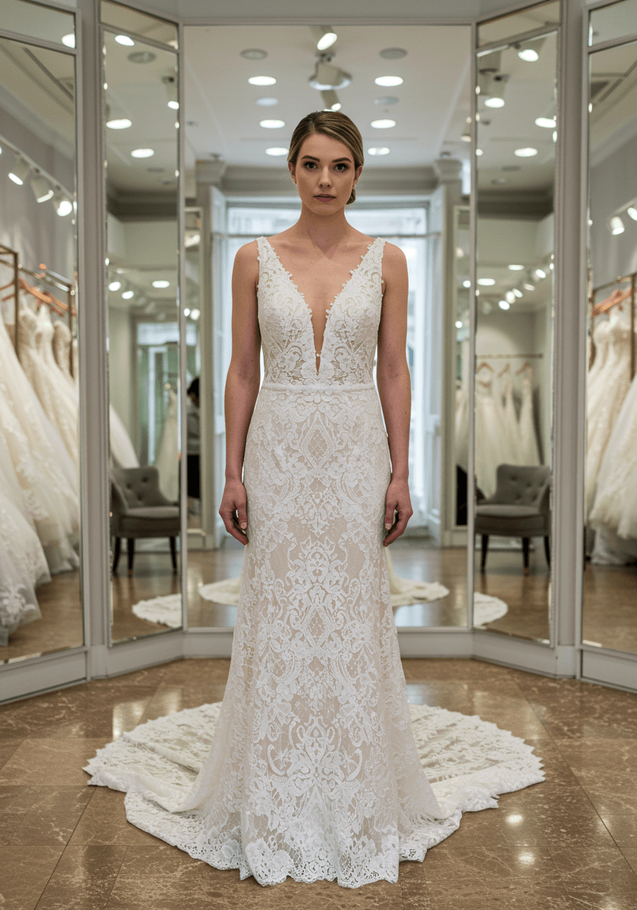 Bride in deep V-neck guipure lace wedding dress with fitted column silhouette standing confidently in upscale bridal boutique with mirrors