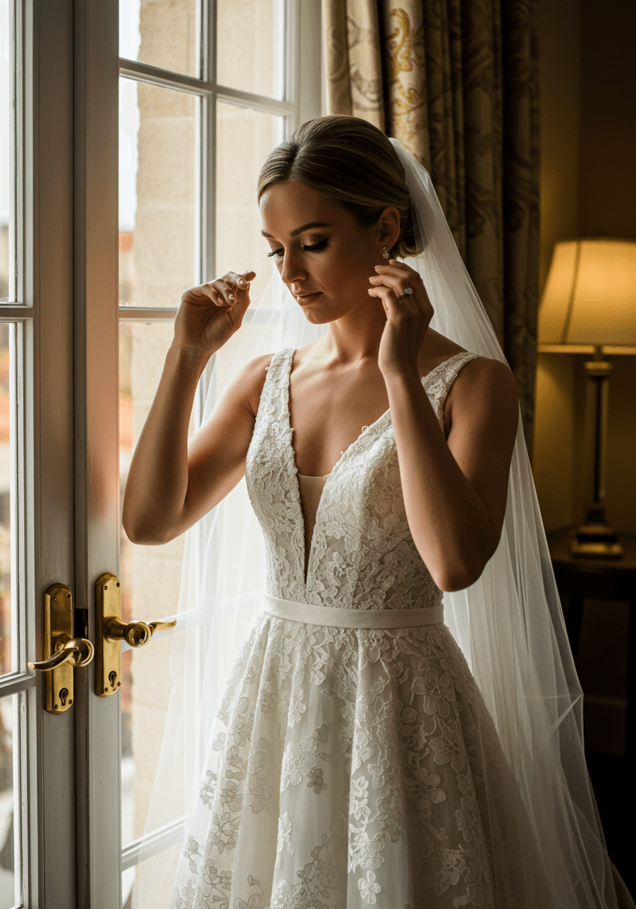 Portrait of bride wearing venetian lace wedding dress with dramatic V-neckline and cathedral veil in opulent hotel suite