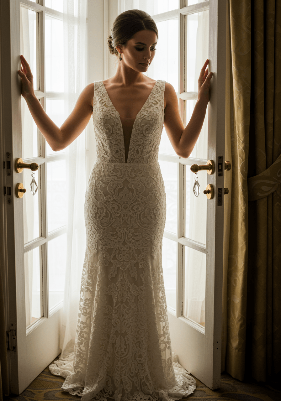 Bride in plunging V-neck guipure lace wedding dress with structured bodice posing against French doors in luxury hotel suite at golden hour