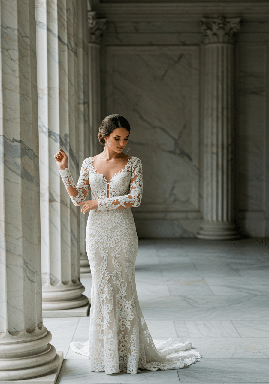 Close-up of bride in fitted venetian lace wedding dress showing intricate floral pattern and structured bodice detail