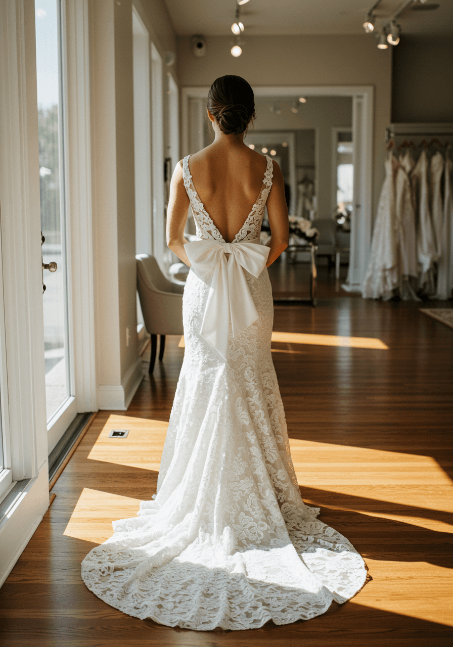 Back view of fitted column guipure lace wedding dress with dramatic open back and oversized bow detail in sunlit bridal boutique