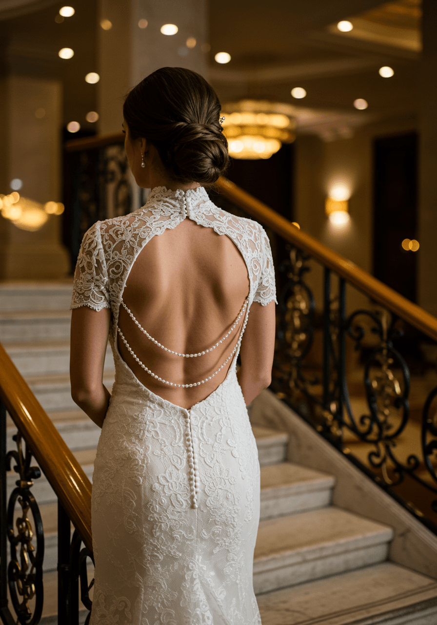 Close-up of open back guipure lace wedding gown with cascading pearl embellishments and high mock-neck collar