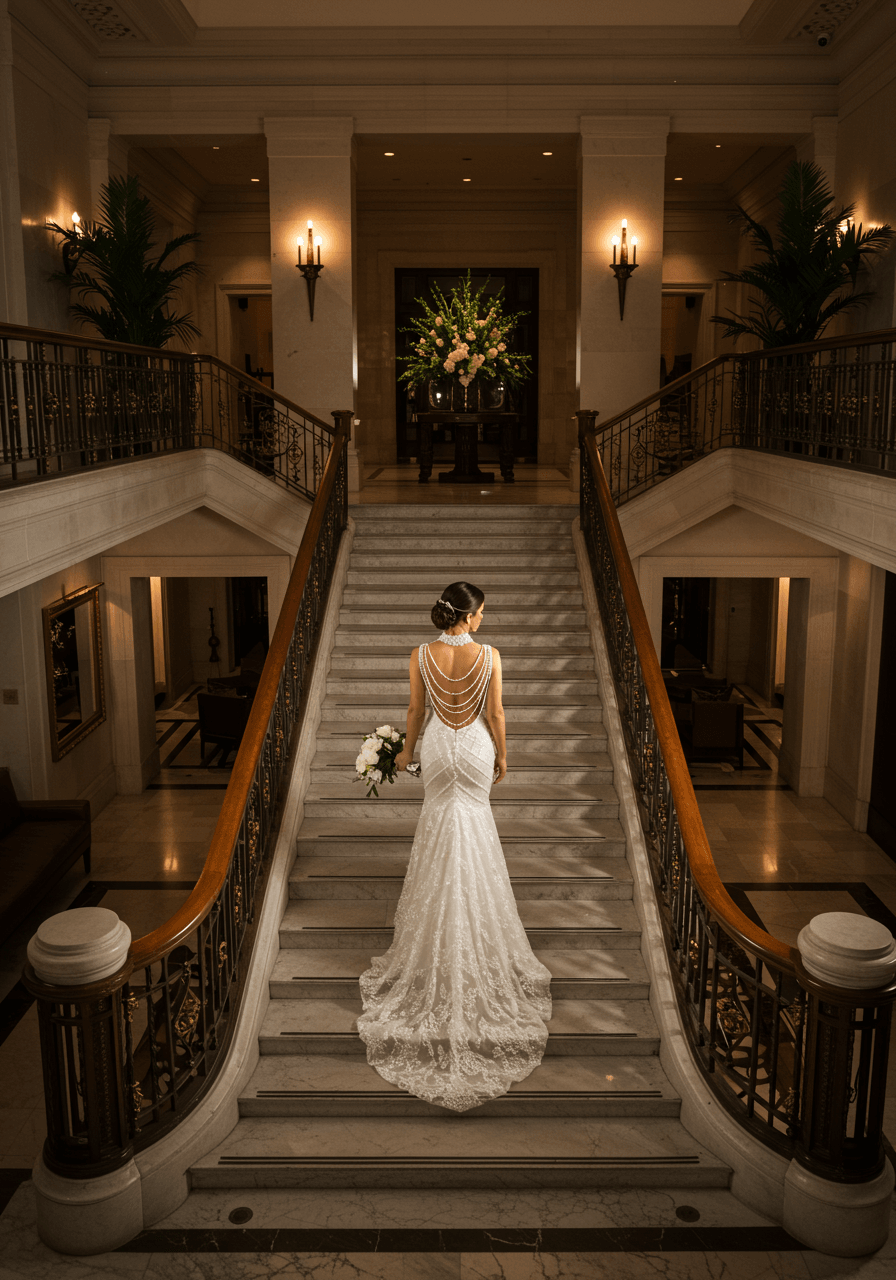 Bride in sleek sheath guipure lace wedding dress with pearl-detailed open back posing on marble staircase in upscale hotel