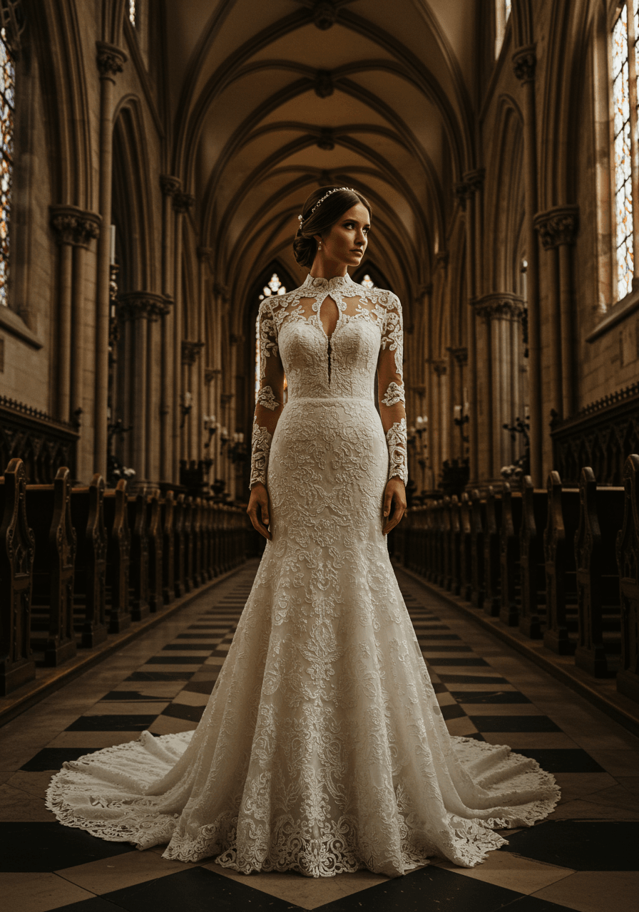 Dramatic mermaid guipure lace wedding gown with high mock-neck collar and fitted sleeves in ornate cathedral during golden hour