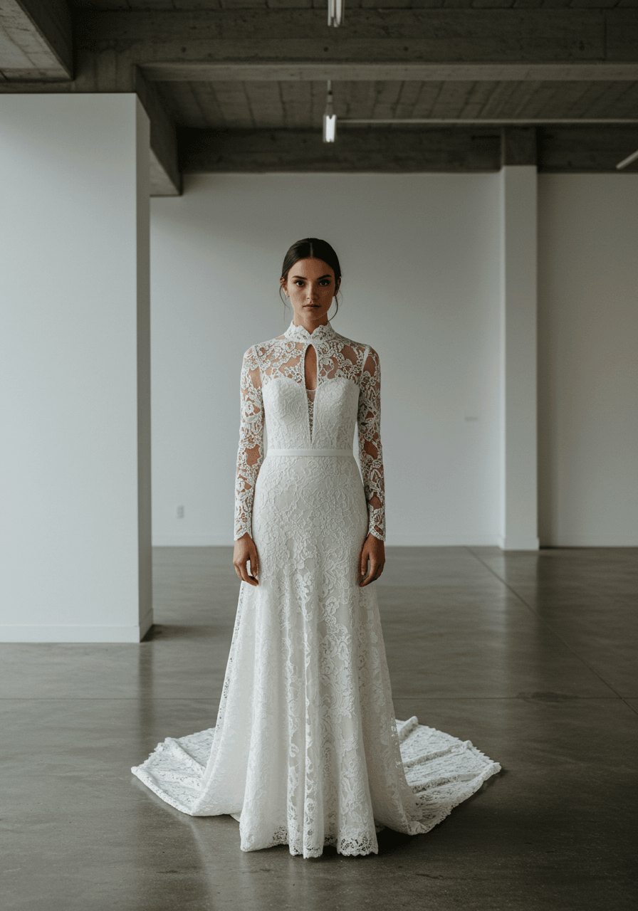Modern bride in high-low guipure lace wedding dress with fitted column silhouette and mock-neck collar in contemporary art gallery