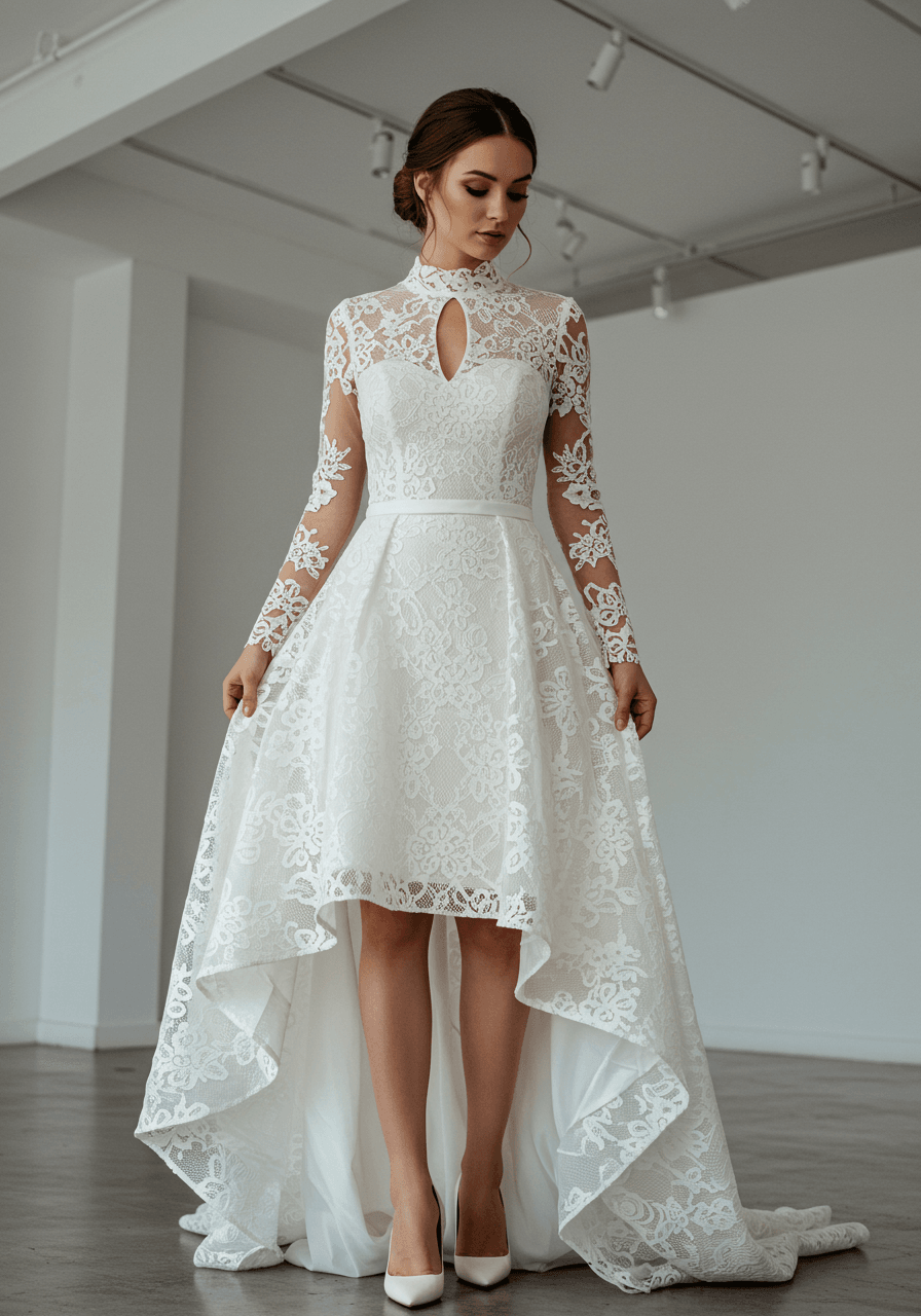 Detail of dramatic high-low hemline on guipure lace wedding dress with geometric gallery background