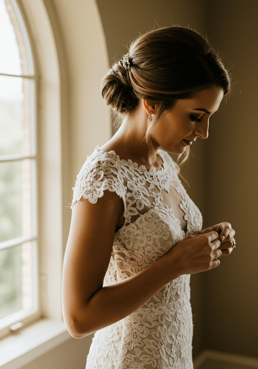 Bride adjusting cap sleeve guipure lace wedding dress beside tall arched window in romantic bridal suite during golden afternoon