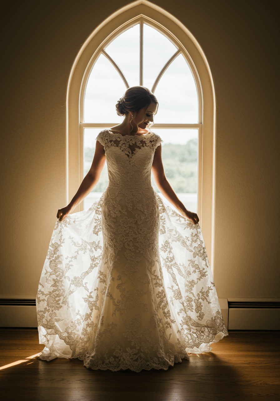 Full-length portrait of bride in ivory guipure lace wedding dress with delicate cap sleeves and fitted bodice in natural window light