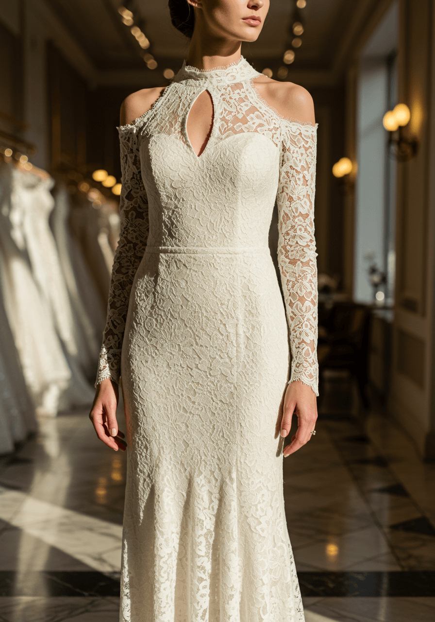 Off-shoulder guipure lace wedding dress with mock-neck collar and fitted column silhouette in sunlit bridal boutique with marble floors