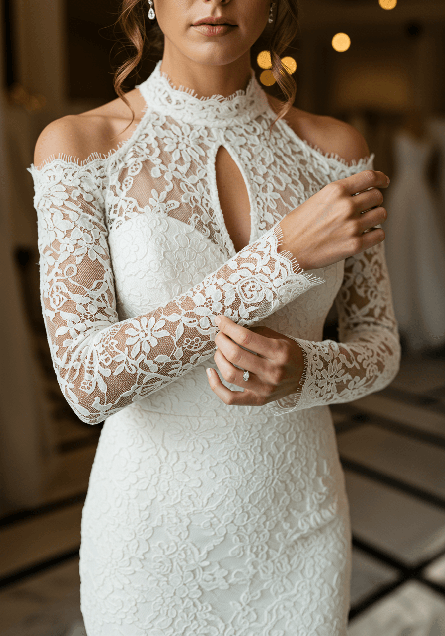 Close-up of scalloped lace cuff detail on ivory guipure lace wedding dress sleeve in luxury bridal boutique
