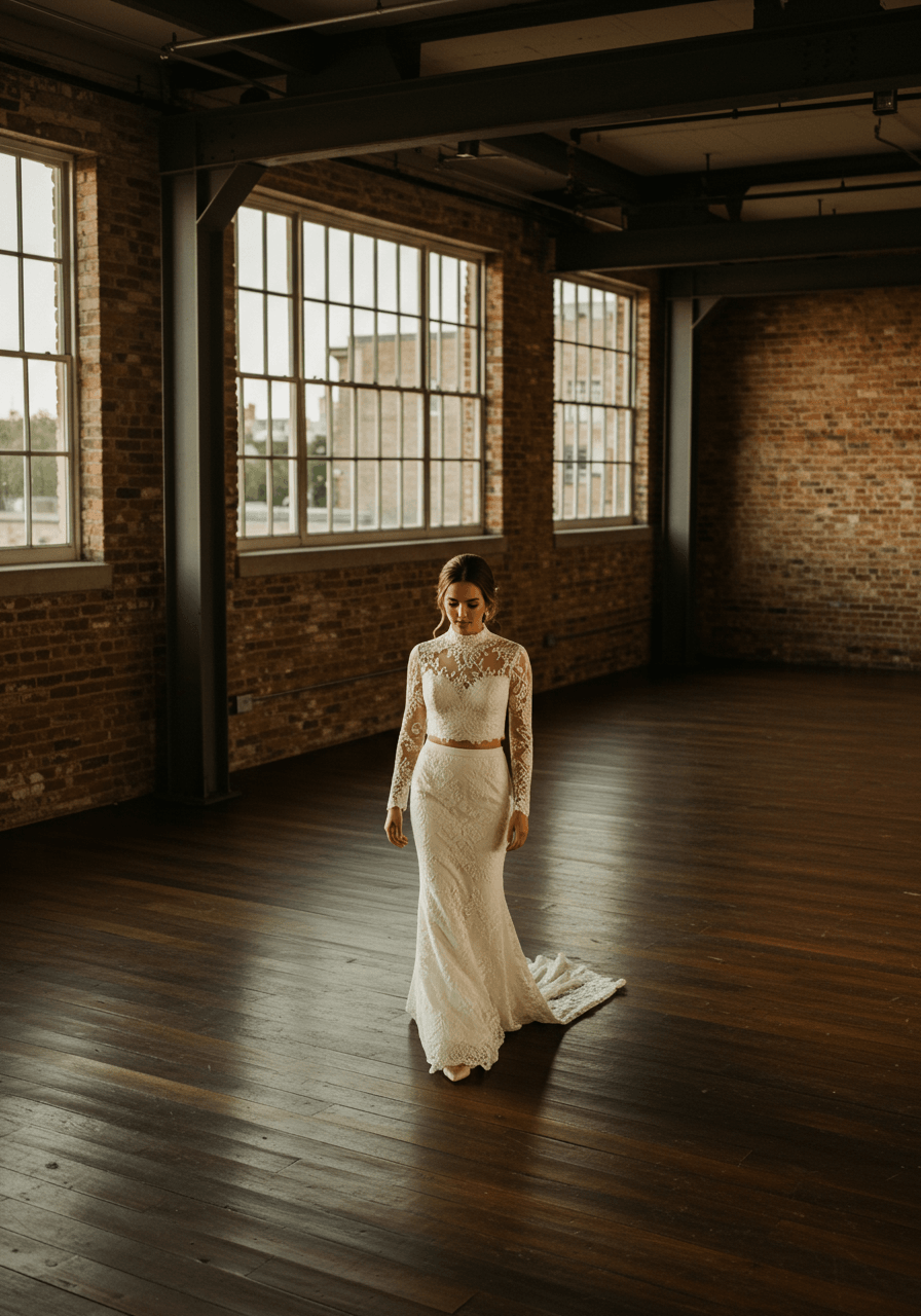 Wide view of bride walking in two-piece venetian lace wedding dress in industrial loft space with warm amber lighting