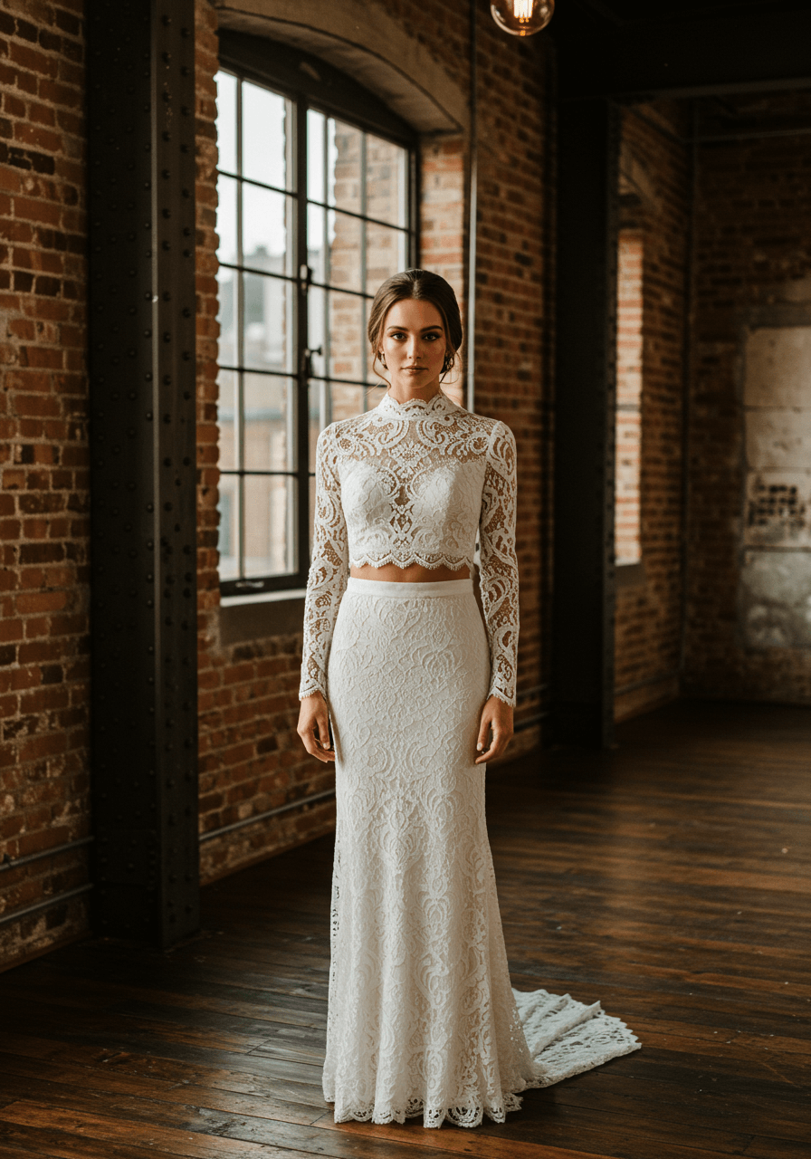 Bride in sleek two-piece guipure lace wedding dress with fitted sleeves posing in urban loft with exposed brick walls at golden hour