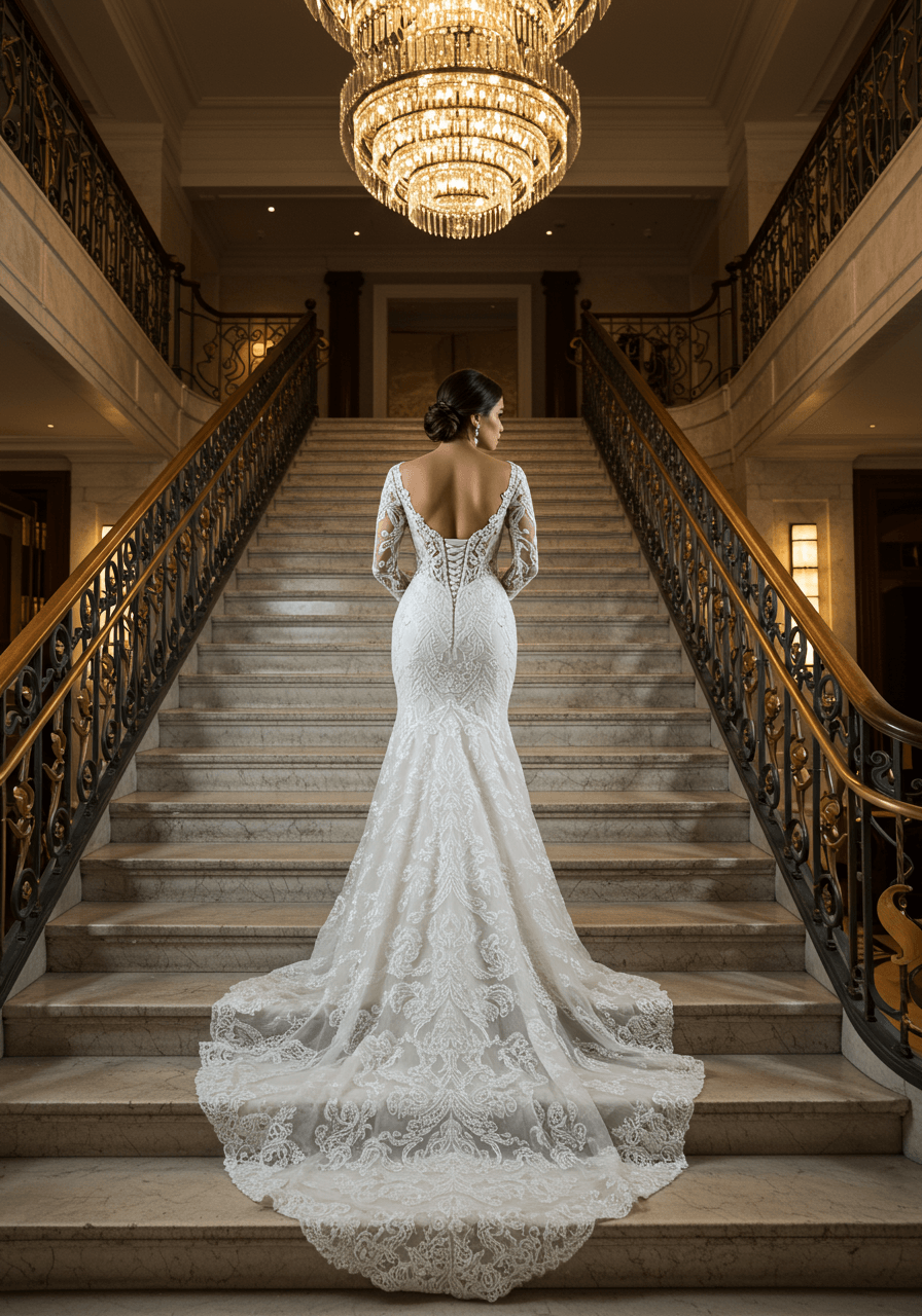 Bride in fitted column venetian lace wedding dress with corset bodice and scalloped sleeves on grand marble staircase