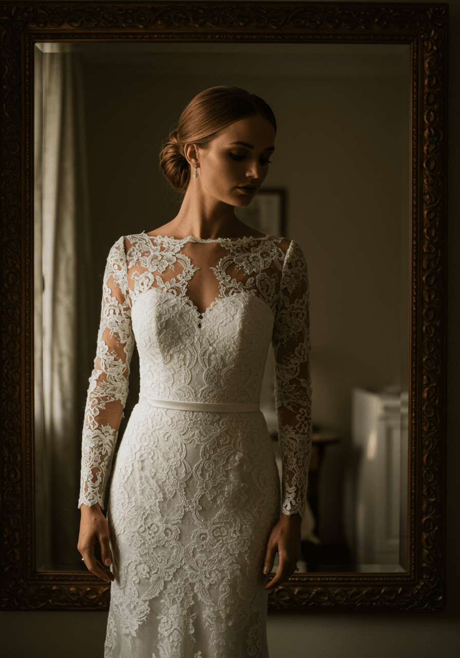 Bride in pencil sheath venetian lace wedding dress with long fitted illusion sleeves posing against ornate vintage mirror