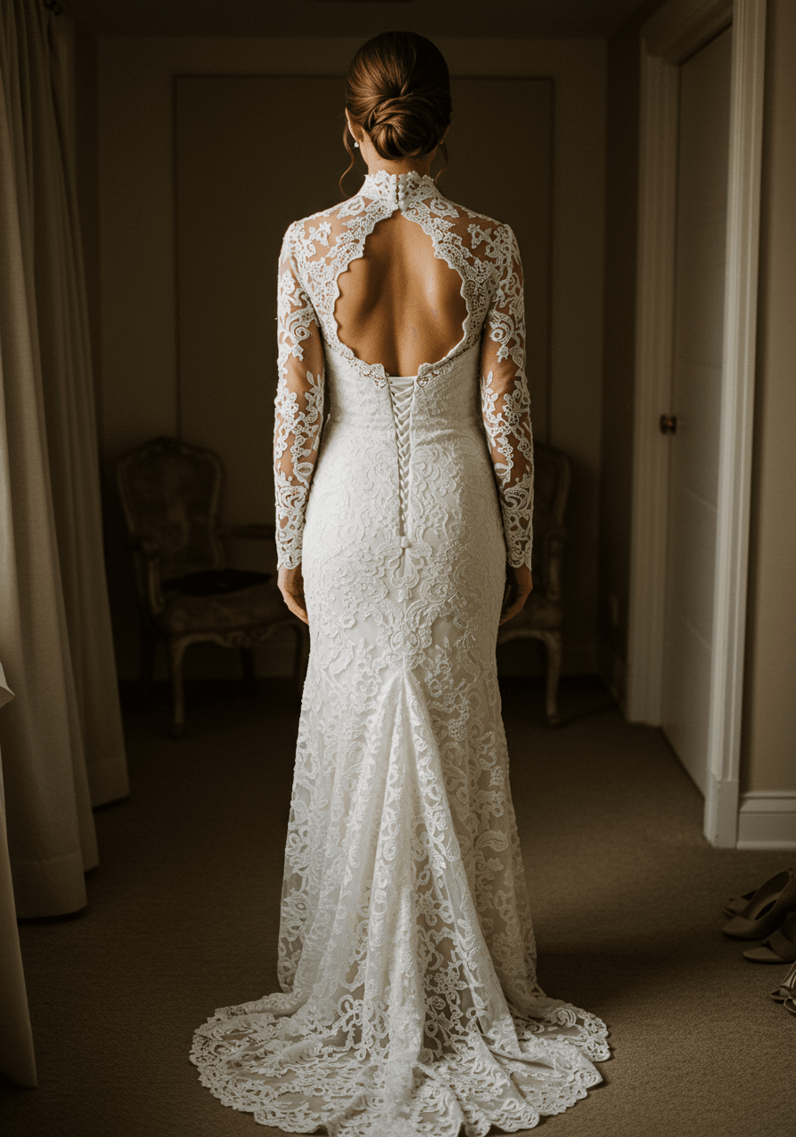 Back view of bride in structured guipure lace wedding dress with sheer sleeve details in elegant dressing room